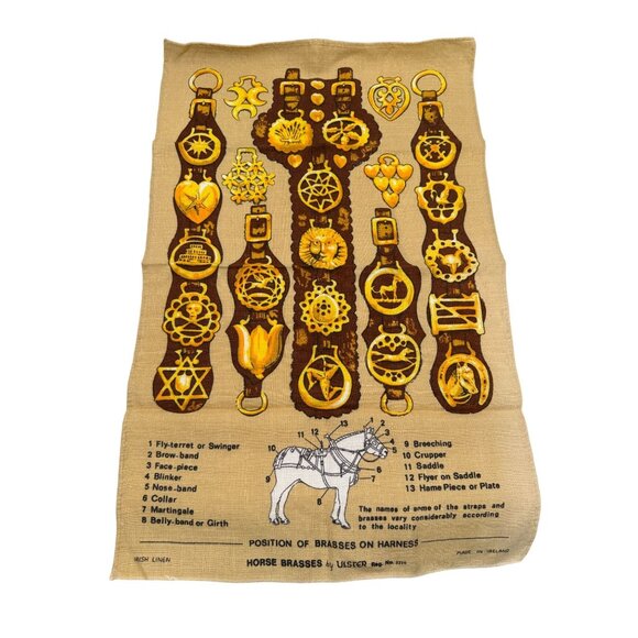 Vintage Ulster Irish Linen Tea Towel Position of Horse Brasses On Harness RARE - Picture 1 of 8